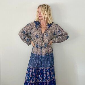 Vintage India Cotton Floral Print Dress with Lurex Thread! S-M